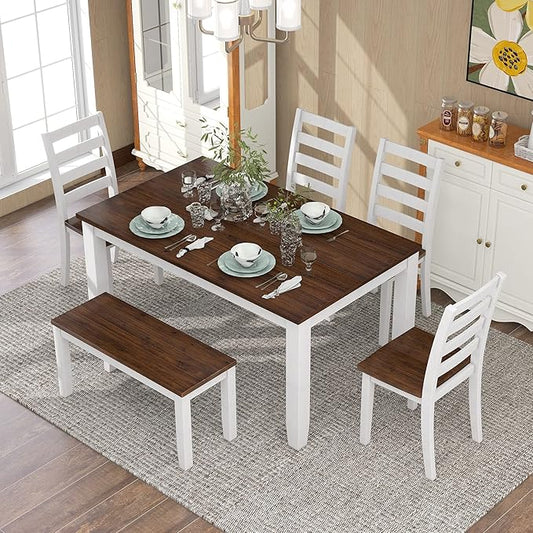 Ball & Cast 6 Piece Dining Table Set with 4 Upholstered Chairs & 1 Bench,Wooden Living Room Furniture W/ 60" Rectangle Kitchen Desk,for Restaurant,Home Bistro,Walnut + Cottage White