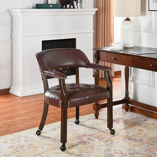 LEEMTORIG Dining Chairs with Casters and Arm, Large Rolling Dining Chairs with Wheel, Poker Table Chairs, Boss Caption's Chairs, 26"D x 25.2"W x 31.5"H, Espresso Legs & Wine Red Brown PU, XXY-1910-WR