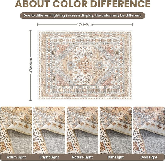 zesthome 8x10 Area Rugs for Living Room,Non-Slip Backing Washable Rugs,Vintage Large Area Rug,Stain Resistant Home Decor Rug (Orange,8'x10')