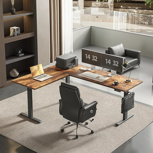 Agilestic Triple Motors 73" x 60" L Shaped Standing Desk, Electric Standing Desk Adjustable Height, Extra Large Desktop Corner Table for Home Office, Gaming Workstation, Splice Board, Rustic Brown