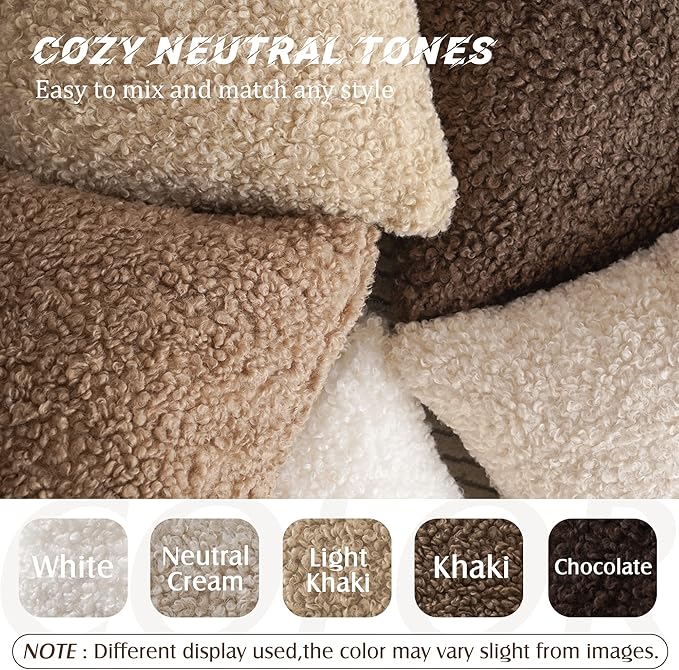 Foindtower Set of 2 Curly Teddy Wool Faux Fur Pillow Covers Decorative Boucle Textured Lumbar Throw Pillow Accent Pillowcases Sheepskin Cushion Case for for Chair and Couch 12"x20" Neutral Cream