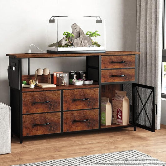TV Stand Dresser for Living Room, LED TV Stand with 6 Drawers and Lights for Bedroom, Up to 50 inch TV, Long and Wide Dresser Storage Table with Metal Door, Rustic Brown