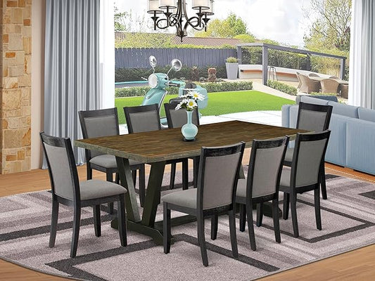East West Furniture V677MZ650-9 9 Piece Dining Set Includes a Rectangle Dining Room Table with V-Legs and 8 Dark Gotham Grey Linen Fabric Upholstered Chairs, 40x72 Inch, Multi-Color