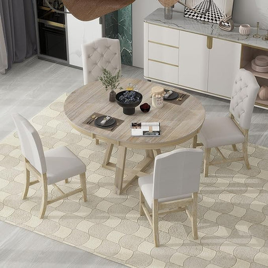 Ball & Cast 5 Piece Dining Table Set with 4 Upholstered Chairs,Living Room Furniture W/ 42" Table,Tabletop Can be Adjusted from Round to Oval in Shape,for Restaurant,Home Bistro,Natural