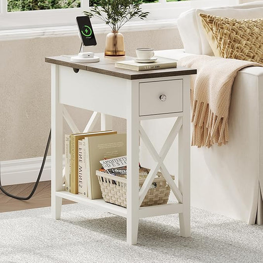 ChooChoo Farmhouse End Table with Charging Station, Accent Small Side Table Nightstand for Living Room, Bedroom, and Small Spaces - Soft White