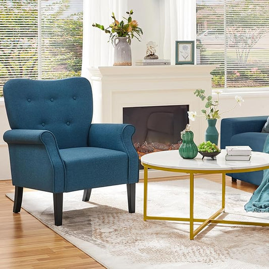 Yaheetech Modern Armchair, Mid Century Accent Chair with Sturdy Wood Legs and High Back for Small Space, Upholstered Fabric Sofa Club Chair for Living Room/Bedroom/Office, Navy Blue