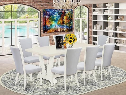 East West Furniture V027VE005-9 9 Piece Kitchen Table Set Includes a Rectangle Dining Table with V-Legs and 8 Grey Linen Fabric Parsons Dining Chairs, 40x72 Inch, Multi-Color