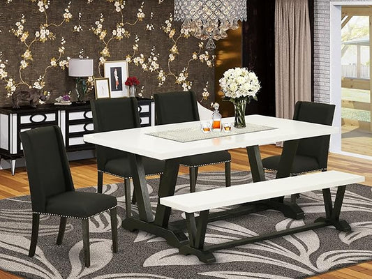 East West Furniture V627FL624-6 6 Piece Dining Room Table Set Contains a Rectangle Kitchen Table with V-Legs and 4 Black Linen Fabric Parson Chairs with a Bench, 40x72 Inch, Multi-Color