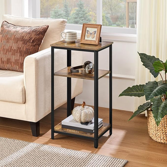Yaheetech Tall End Table Set of 2, 16x12x29.5 inch Industrial Side Table with Strong Wooden Shelves, 2PCS Slim 3-Tier Telephone Table with Metal Frame for Living Room, Small Places - Rustic Brown