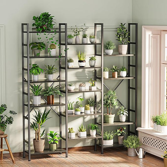 SUPERJARE Triple 6 Tier Bookshelf, Bookcase with 17 Open Display Shelves, Wide Book Shelf Book Case for Home & Office, Grey