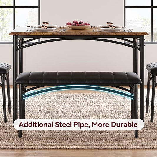 GarveeHome Dining Table Set for 4, Kitchen Table with Upholstered Chairs and Bench, Wood Rectangular Dining Table and Chairs Set for Small Space, Apartment, Dinner, Rustic Brown