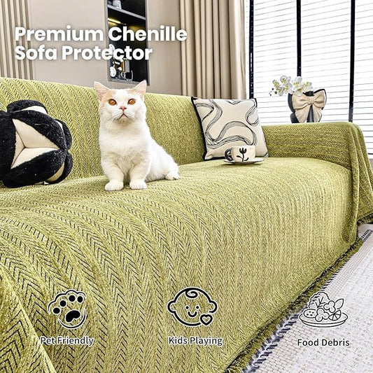 Nobildonna Sofa Cover Washable Soft Thicken Chenille Couch Cover with Tassel,Waterproof Sofa Slipcover for 3-4 Cushion Couch,Sectional Sofa,L-Shaped Furniture Protector Pet-Friendly,Green 91"x150"