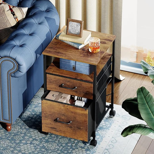 DEVAISE 2 Drawer Mobile File Cabinet, Rolling Printer Stand with Open Storage Shelf, Fabric Vertical Filing Cabinet fits A4 or Letter Size for Home Office, Rustic Brown Wood Grain Print