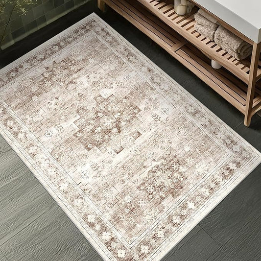 Washable Neutral Farmhouse Large Entryway Rug, 3x6 Area Rugs for Kitchen, Bedroom Beside Bed, Nursery Room, Boho Vintage Floral Non-Slip Throw Rug Low Pile Stain Resistant (3x6 Beige/Latte)