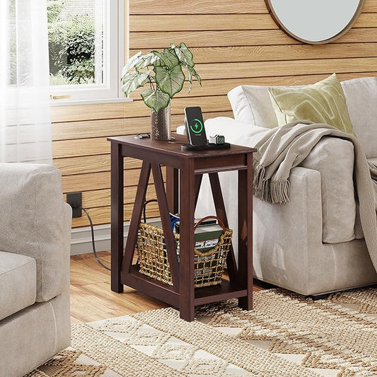 WLIVE Narrow End Table with Charging Station of Open Storage Shelf,Sofa Side Table with 2 USB Ports and 2 Power Outlets,Slim Farmhouse End Table for Small Spaces,Bedroom, Living Room, Espresso