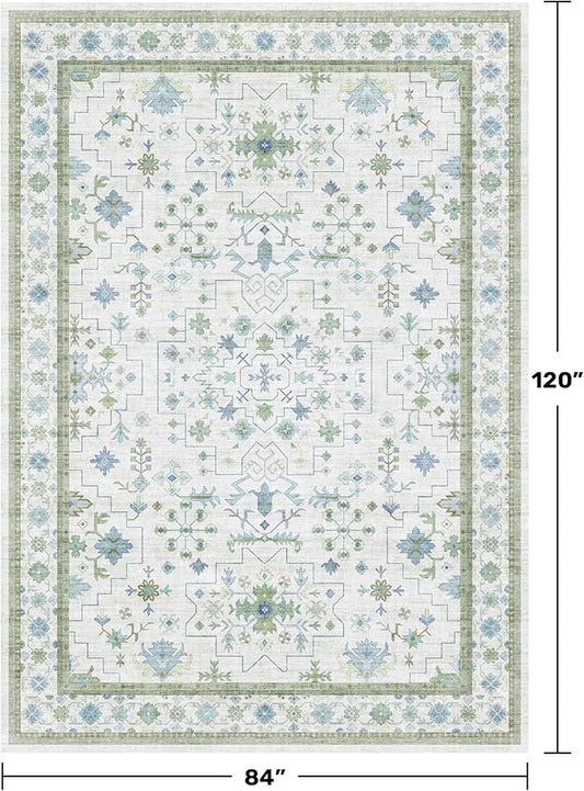 Blue and Green Living Room Rug 7x10 - Cream Oushak Vintage Boho Floral Farmhouse, Washable Low Pile Non-Slip Extra Large Area Rugs for Bedroom, Kids, Lounge