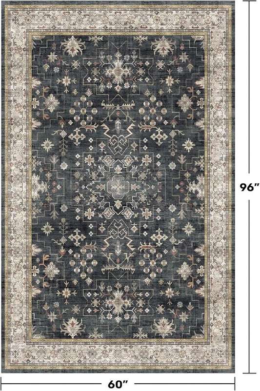 Black Modern Farmhouse 5x8 Area Rug for Living Room, Boho Large Entryway Rug, Dark Floor Carpet for Kitchen Under Small Dining Table, Bedroom - Washable Low Pile Waterproof Non Slip & Stain Resistance