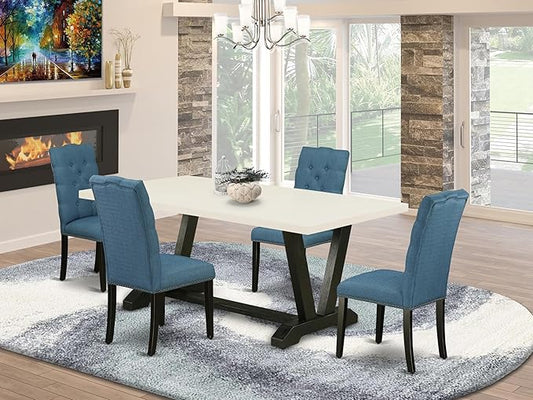 East West Furniture V627EL121-5 5 Piece Kitchen Table Set for 4 Includes a Rectangle Dining Room Table with V-Legs and 4 Blue Linen Fabric Upholstered Chairs, 40x72 Inch, Multi-Color