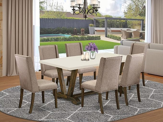 East West Furniture V727FL716-7 7 Piece Dining Room Table Set Consist of a Rectangle Kitchen Table with V-Legs and 6 Dark Khaki Linen Fabric Parson Dining Chairs, 40x72 Inch, Multi-Color