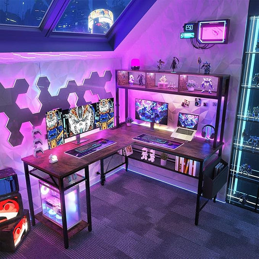 Unikito L Shaped Computer Desk with LED Strip and Power Outlets, Reversible L-Shaped Corner Desk with Storage Shelves and Bag, Rustic Brown
