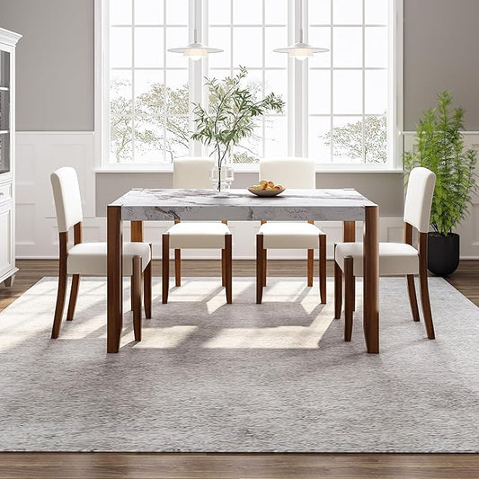 Ball & Cast 5 Piece Dining Table Set with 4 Upholstered Chairs,Wooden Living Room Furniture W/ 46" Faux Marble Style Desk,for Restaurant,Home Bistro,Off White