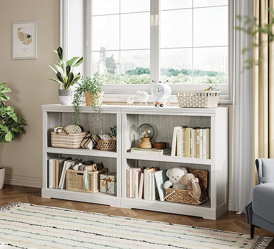 LINSY HOME 2-Tier Bookcase and Bookshelf, Small Wood Display Storage Shelves Farmhouse Bookshelf for Home Office, Living Room, Bed Room - White Oak
