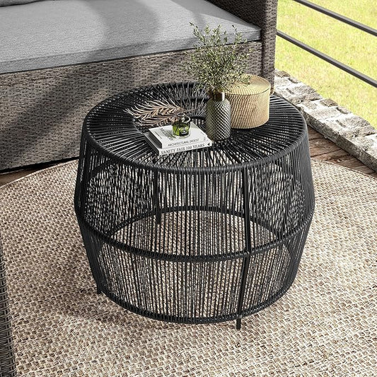 Muse & Lounge Co. Ysar Boho Rattan Round Coffee Table Outdoor with Metal Frame, All-Weather and Rust Resistant, Handcrafted Coastal Furniture for Patio, Poolside, Garden, Yard, Black