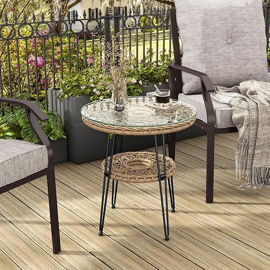 Muse & Lounge Co. Ysar Boho 19-inch Round Coffee Table Outdoor with Tempered Glass Top and Metal Frame, Handcrafted Coastal Furniture for Patio, Poolside, Garden, Yard, Natural