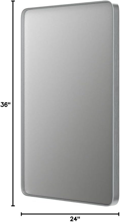 24x36 Inch Brushed Nickel Bathroom Mirror, Brushed Silver Metal Framed Wall Mirror, Rounded Corner Rectangle Vanity Mirror, Tempered Glass, Anti-Rust, Shatterproof (Horizontal/Vertical)