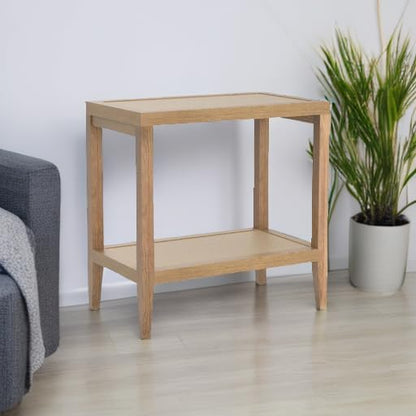 SICOTAS Rattan Night Stand Bedside Table - Farmhouse Boho Narrow End Table for Living Room - Accent Side Table with 2 Rattan Open Storage Shelves for Bedroom, Small Spaces