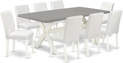 East West Furniture X097AB264-9 9 Piece Dining Table Set Includes a Rectangle Kitchen Table with X-Legs and 8 White Faux Leather Parson Dining Room Chairs, 40x72 Inch, Multi-Color