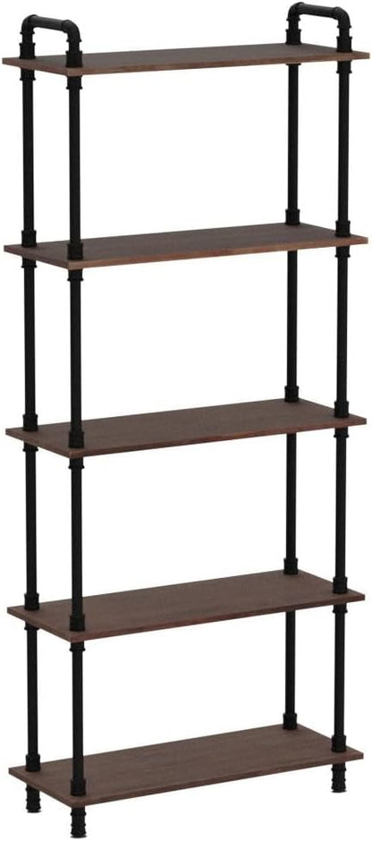 Industrial Bookshelves, Wood Pipe Bookshelf, 5 Shelf Rustic Display Storage Tall Standing Shelf Bookcase for Living Room, Kitchen, Office (Weathered Brown, 29.5" L x 11.8" W x 70" H)