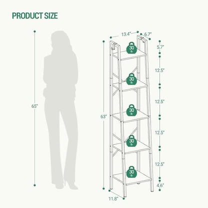 Ladder Shelf, Bookshelf Bookcase, Freestanding Corner Storage Shelve with 2 Hooks for Home Office, Living Room, Kitchen, Bedroom, Industrial, 5-Tier White BC03213W