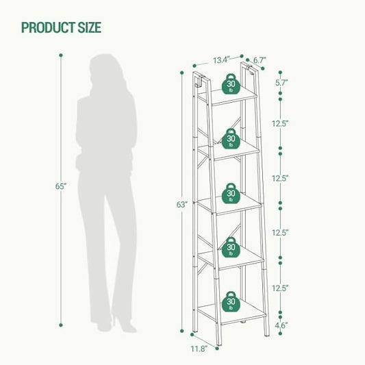 Ladder Shelf, Bookshelf Bookcase, Freestanding Corner Storage Shelve with 2 Hooks for Home Office, Living Room, Kitchen, Bedroom, Industrial, 5-Tier White BC03213W