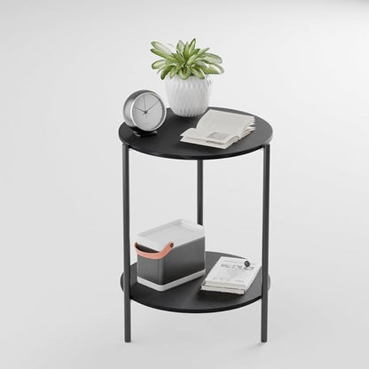 Side Table, Round End Table with 2-Layer Storage Rack, 15.7" Small Spaces Circle Table, Metal Frame Design Small Side Tables, for Living Room, Bedroom, Black