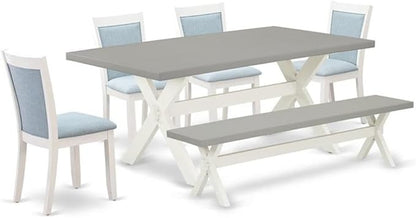 East West Furniture X097MZ015-6 6 Piece Dining Room Table Set Contains a Rectangle Kitchen Table with X-Legs and 4 Baby Blue Linen Fabric Parson Chairs with a Bench, 40x72 Inch, Multi-Color