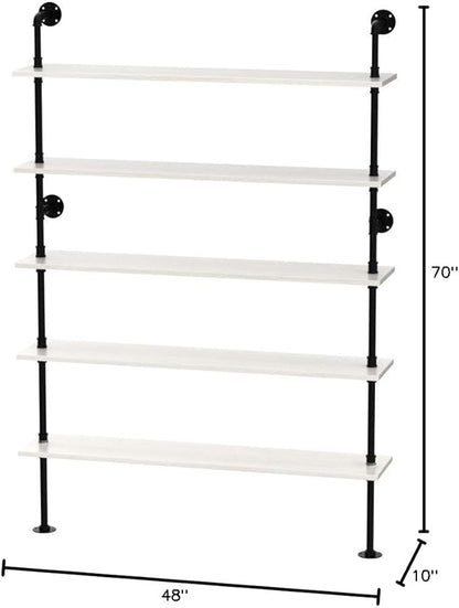Pipe Industrial Ladder Shelves Bookcase, Wall Mounted Retro Wood Metal Pipe Rustic Bookshelf (White, 5 Tier - 10" D x 48" W x 70" H)