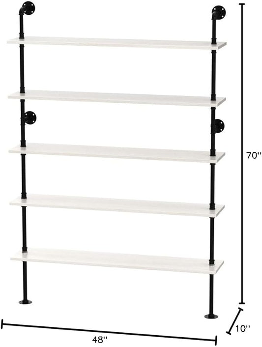 Pipe Industrial Ladder Shelves Bookcase, Wall Mounted Retro Wood Metal Pipe Rustic Bookshelf (White, 5 Tier - 10" D x 48" W x 70" H)
