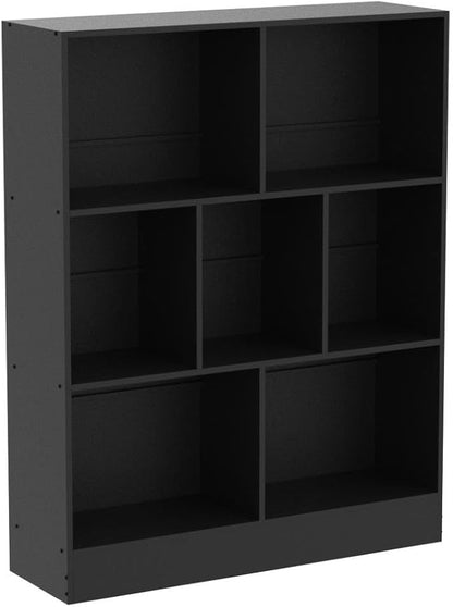 YAHARBO Black 7 Cube Bookshelf,3 Tier Modern Horizontal Bookcase,Wooden Low Book Shelf Display Storage Cabinet with Base,Floor Standing Short Bookshelves Open Organizer for Bedroom,Living Room,Office