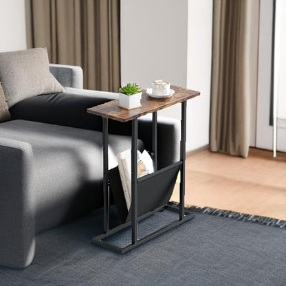 Yusong Small Narrow Side Table for Small Spaces, 17.7" W Slim End Table Magazine Table Nightstand with Storage Holder, Accent Skinny Snack Couch Bedside Table, Rustic Brown, Complete Iron Pipes