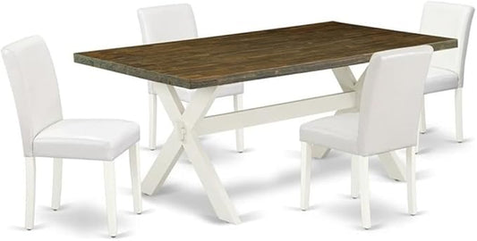East West Furniture X077AB264-5 5 Piece Modern Dining Table Set Includes a Rectangle Wooden Table with X-Legs and 4 White Faux Leather Parsons Dining Chairs, 40x72 Inch, Multi-Color