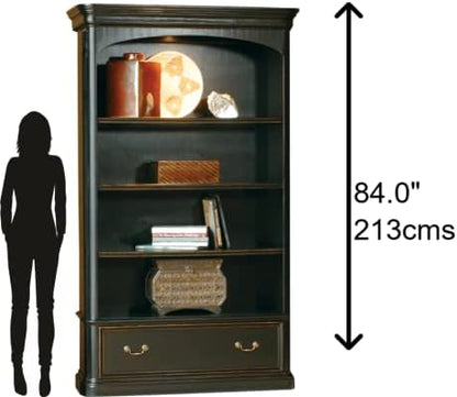 Hekman Furniture Louis Philippe Executive Center Bookcase – Tall Illuminated Wooden Bookcase Adjustable Shelves File Drawer & Glass Shelf Classic Distressed Finish for Office & Library
