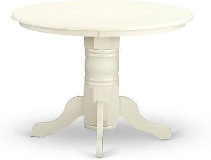 East West Furniture SHAD3-LWH-LC 3 Piece Kitchen Table & Chairs Set Contains a Round Dining Room Table with Pedestal and 2 Faux Leather Upholstered Chairs, 42x42 Inch, Linen White