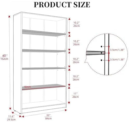 Bookshelf, 5 Wooden Book Shelf Bookcase with Freestanding Display Storage, Open Modern Bookshelf for Bedroom, Living Room, Dinning Room, Office, 60 Inch, Deep Gray