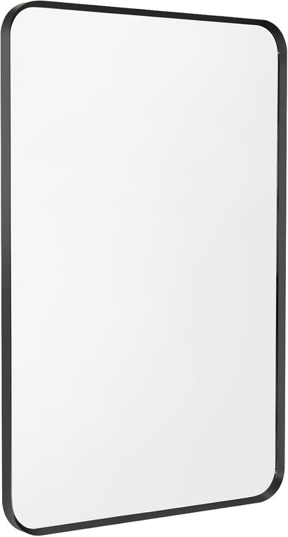 Wall Mount Mirror for Bathroom, Brush Black Metal Framed Rounded Corner Rectangular Vanity Mirror (16" x 20", Black)