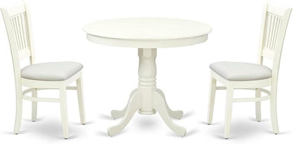 East West Furniture ANVA3-LWH-C 3 Piece Dining Table Set for Small Spaces Contains a Round Kitchen Table with Pedestal and 2 Linen Fabric Kitchen Dining Chairs, 36x36 Inch, Linen White