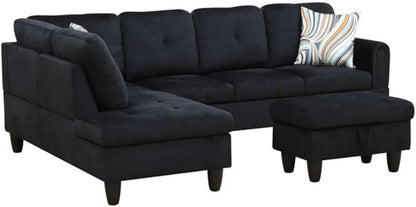 Black L-Shaped 3-Piece Flannel Sofa with Storage Ottoman Set, Sectional Couch Sofa Set for Living Room, Office, Small Space