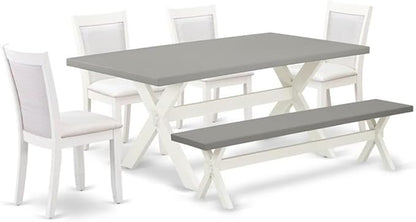 East West Furniture X097MZ001-6 6 Piece Kitchen Table Set Contains a Rectangle Dining Table with X-Legs and 4 Cream Linen Fabric Upholstered Chairs with a Bench, 40x72 Inch, Multi-Color
