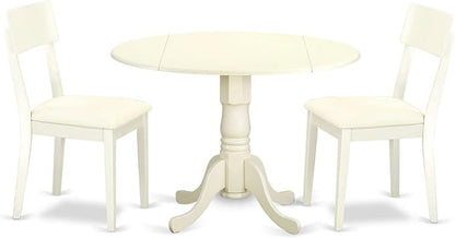 East West Furniture DLAD3-LWH-LC 3 Piece Dining Room Furniture Set Contains a Round Dining Table with Dropleaf and 2 Faux Leather Upholstered Chairs, 42x42 Inch, Linen White