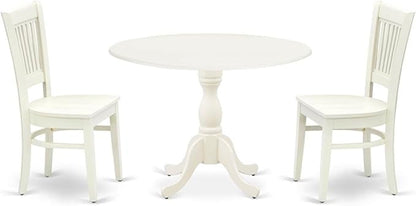 East West Furniture DMVA3-LWH-W 3 Piece Kitchen Table & Chairs Set Contains a Round Dining Room Table with Dropleaf and 2 Dining Chairs, 42x42 Inch, Linen White
